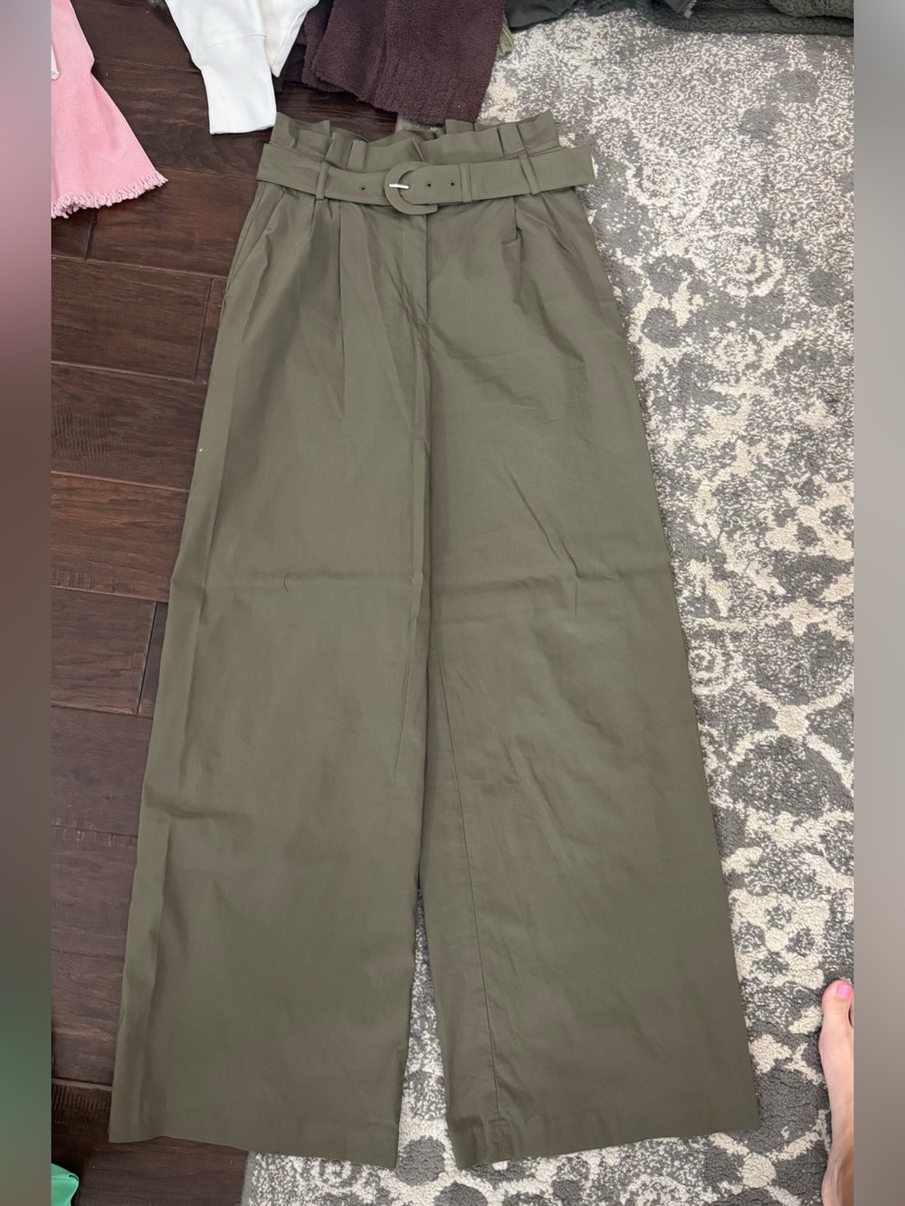 Express Olive Green Paperbag Waist Belted Wide-Leg Pants